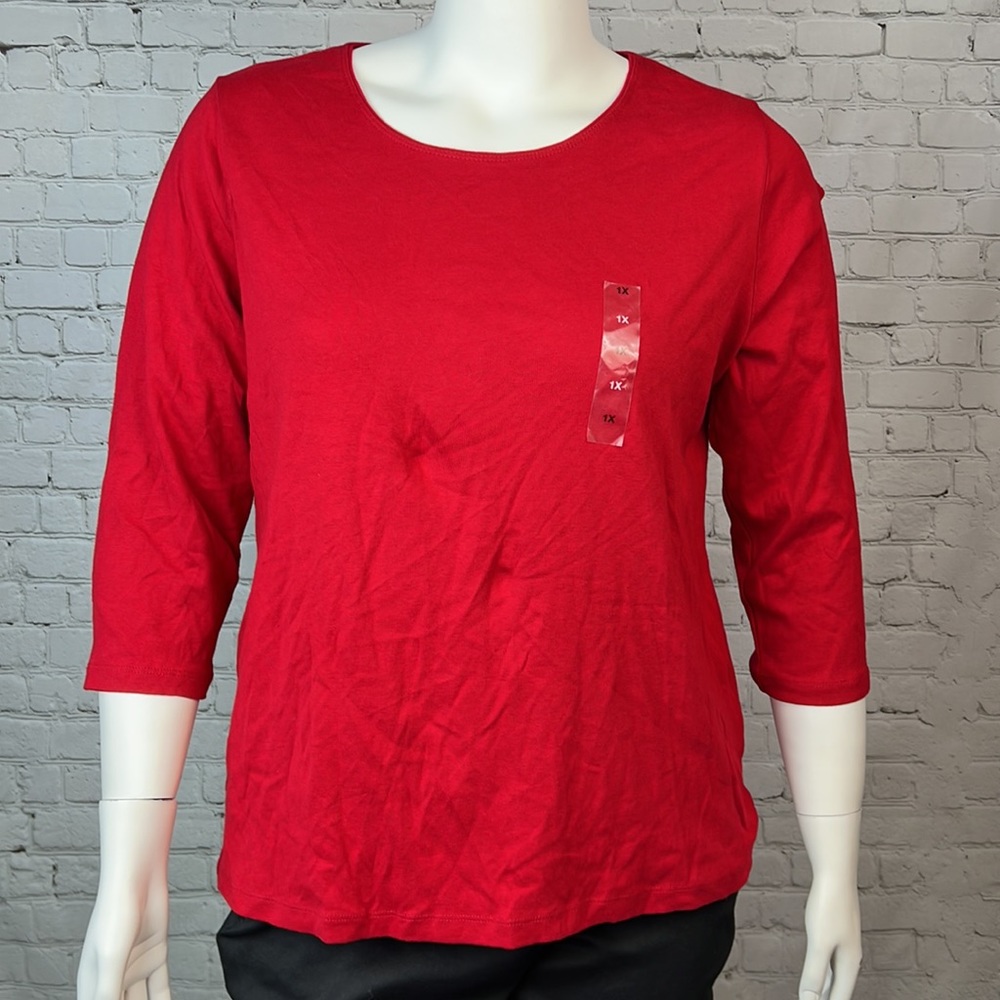 Red Cotton Scoopneck 3/4 Sleeve Top Plus Size 1X - Picture 2 of 6